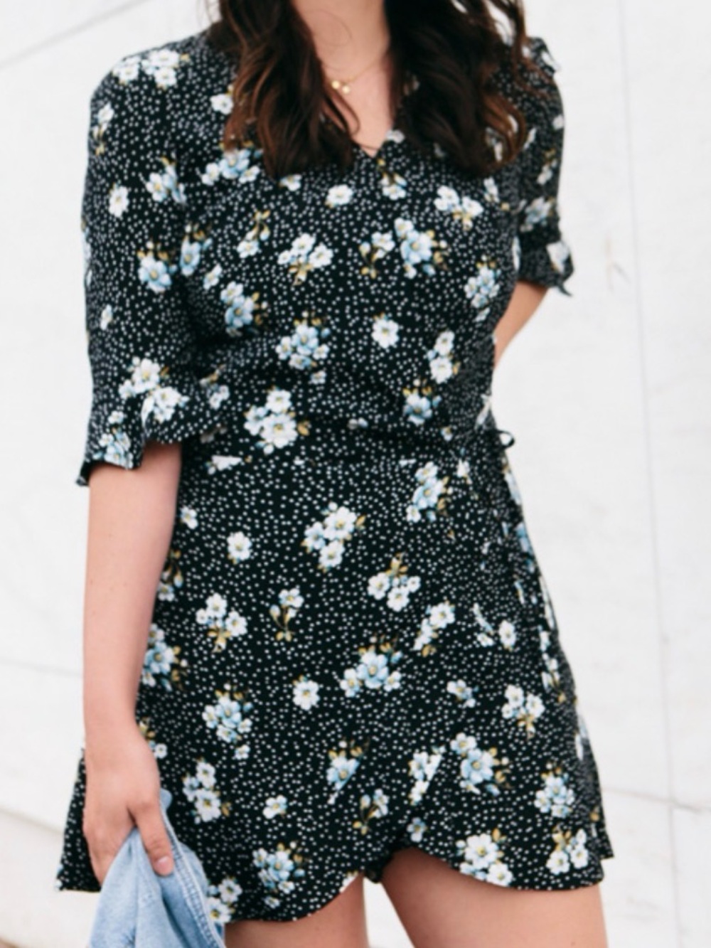 LOFT Black Floral Romper with Light Blue Blooms